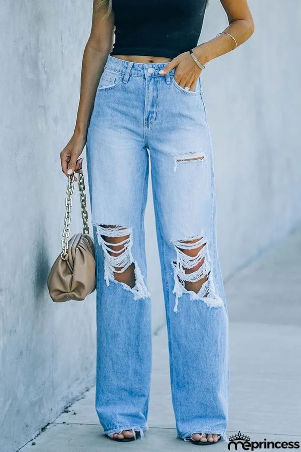 New Casual Jeans Wide Leg Pants with Holes
