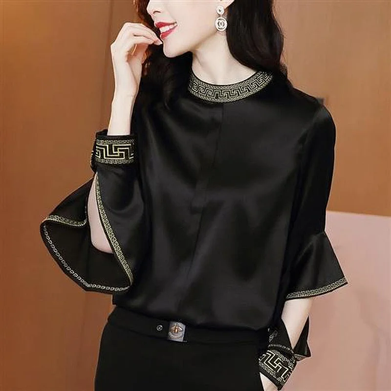 Butterfly Sleeve Embroidery Satin Elegant Blouse Loose Oversized Fashion Vintage 2022 Spring New Women's Clothing Pullover Shirt