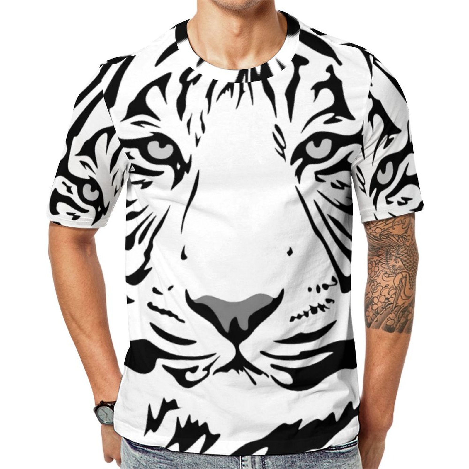 White Black Tiger Print Short Sleeve Print Unisex Tshirt Summer Casual Tees for Men and Women Coolcoshirts