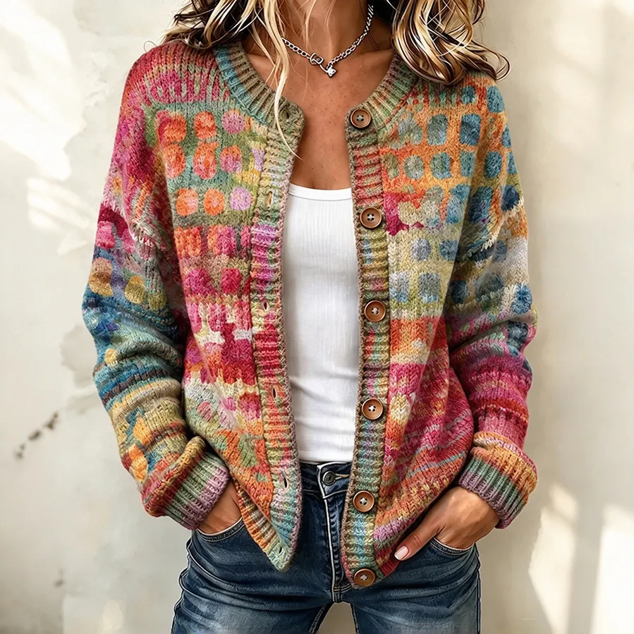 Comstylish Women's Retro Color Block Gradient Art Print Knit Button Cardigan