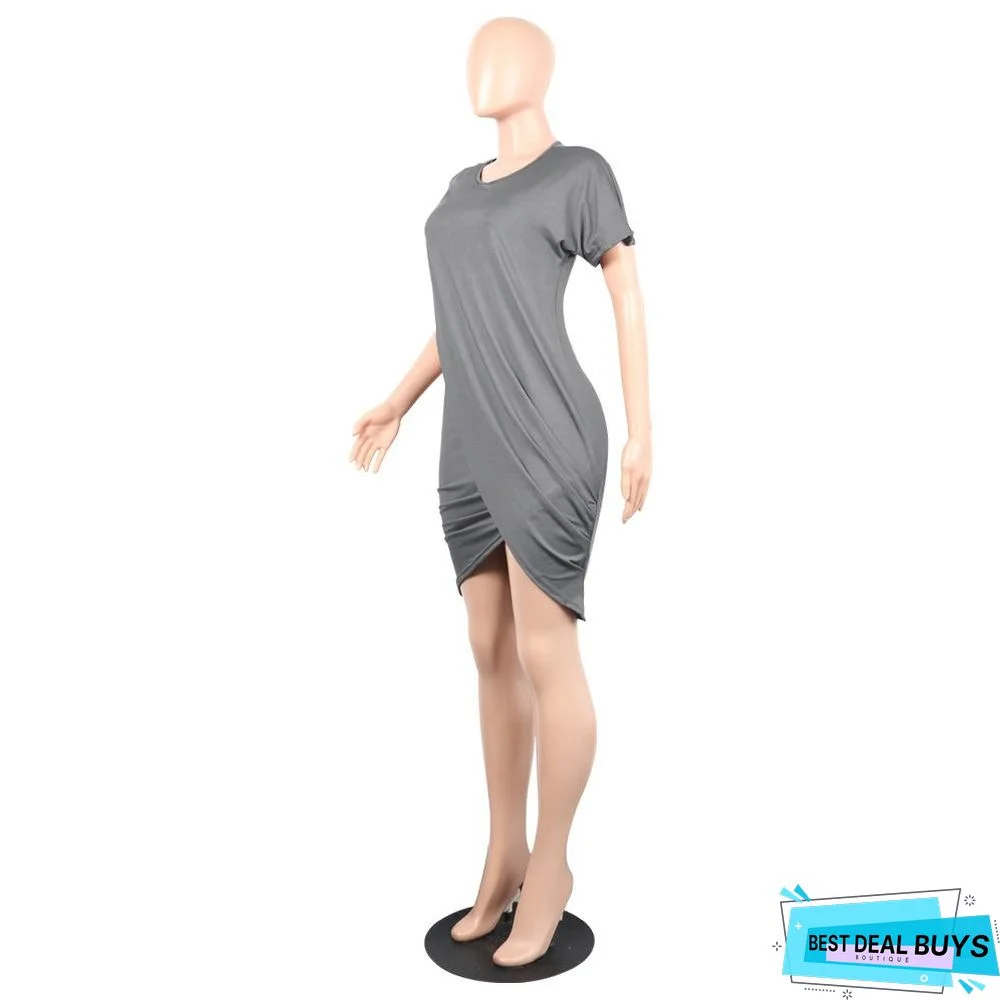 Round Neck Pleated Dress with Irregular Short Sleeves