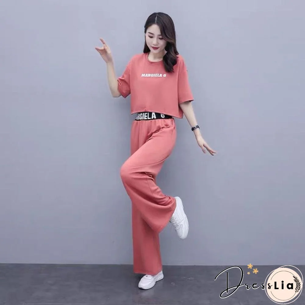 Leisure Sweat Suits Women Matching Summer New Fat Sister Loose Foreign Style Top Wide Leg Pants Two Piece Set Plus Size Clothing