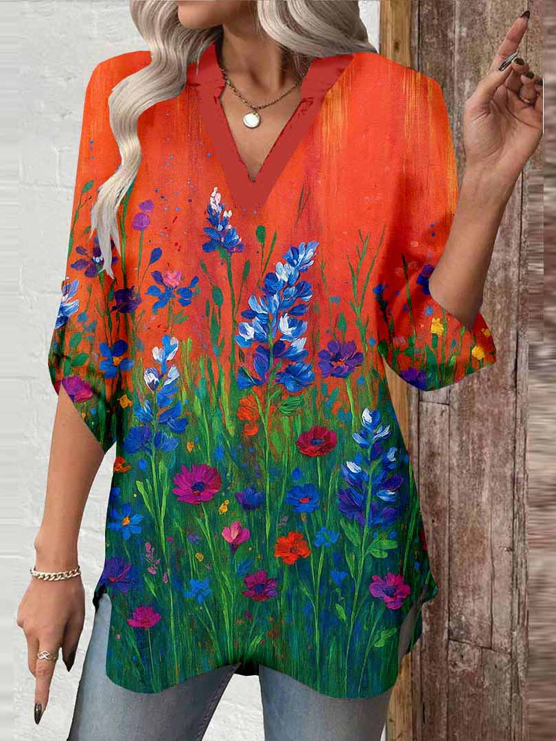 Women Floral,Orange,Ladynora DZGA0013 3/4 Sleeve V-neck Printed Graphic Button Tops