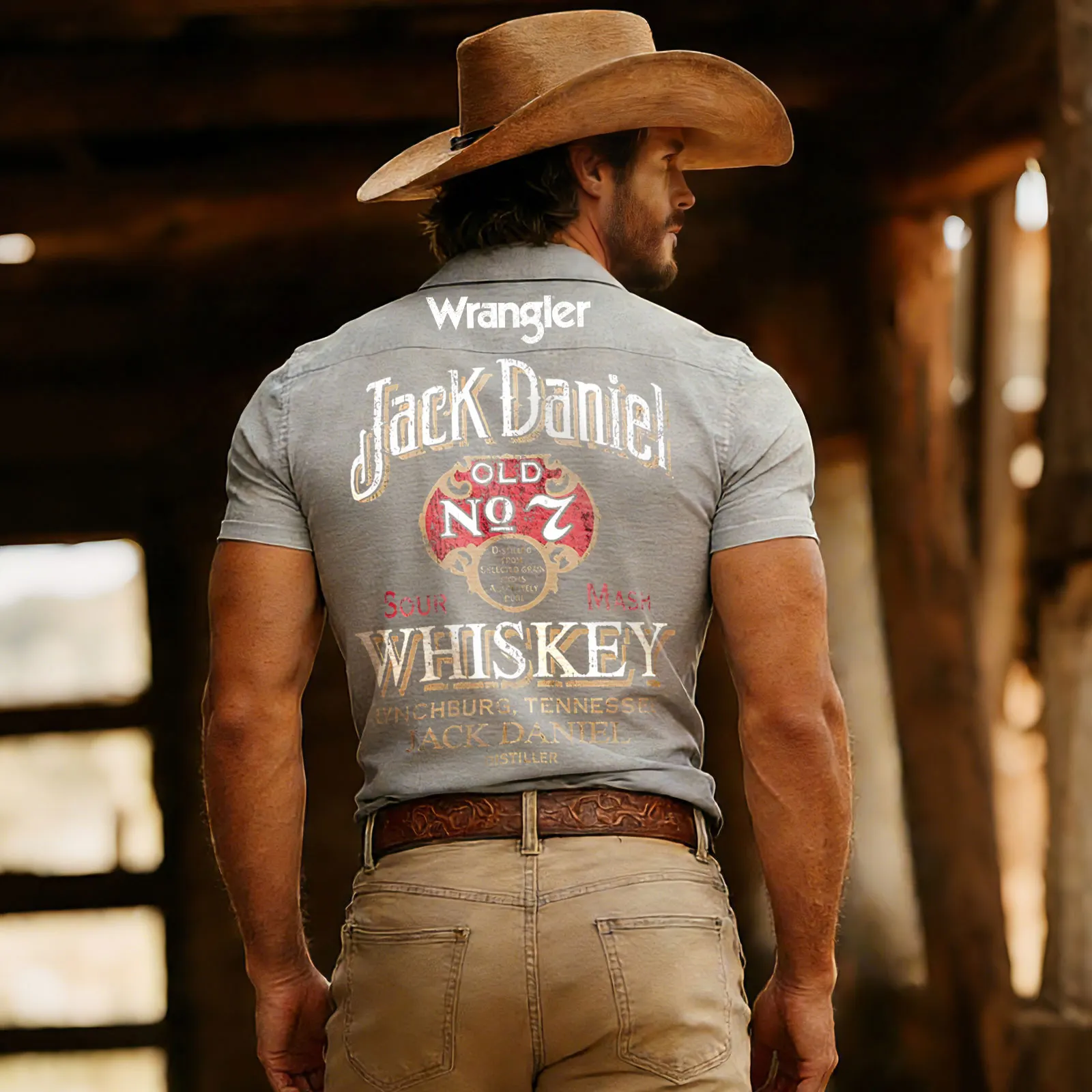 Western-Inspired Graphic Short Sleeve Shirt With Classic Whiskey Label Design