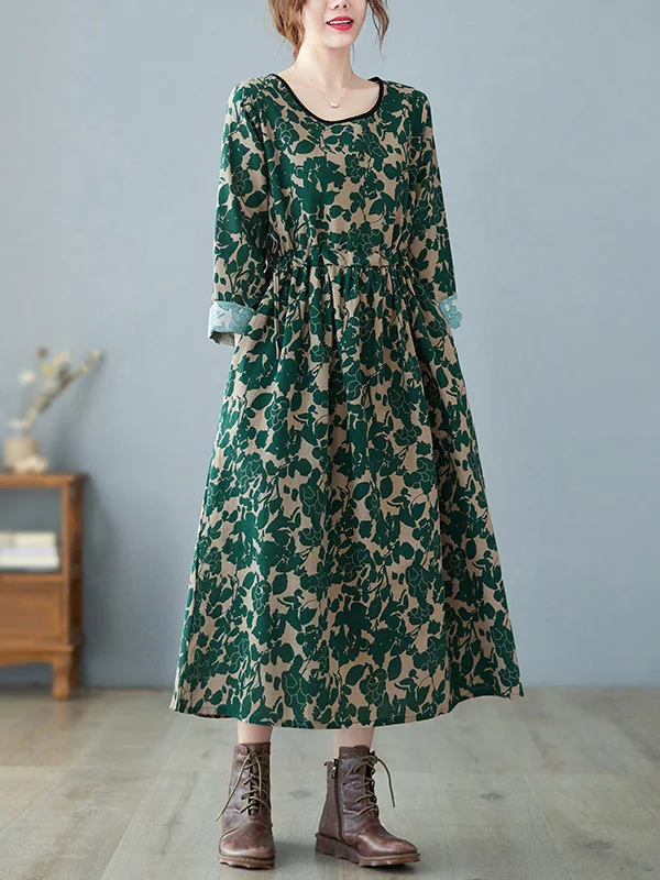 Artistic Retro Ramie Cotton Floral Printed Pleated Round-Neck Long Sleeves Midi Dress