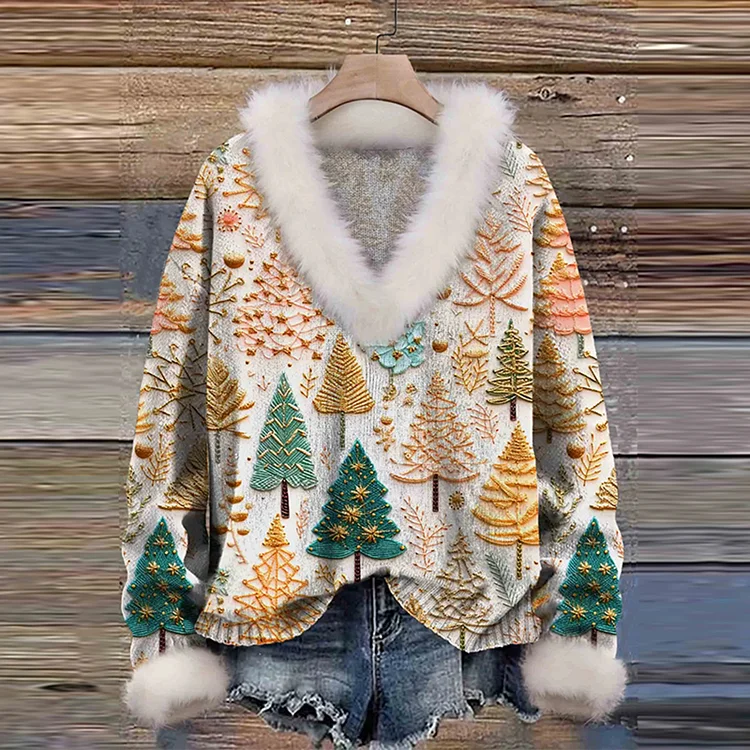 Comstylish Christmas Tree Print Knit Pullover Fur Collar Sweater