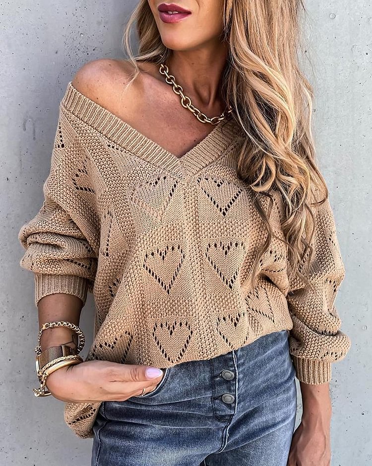 Heart Pointelle Knit Drop Shoulder Sweater - Shop Trendy Women's Clothing | LoverChic