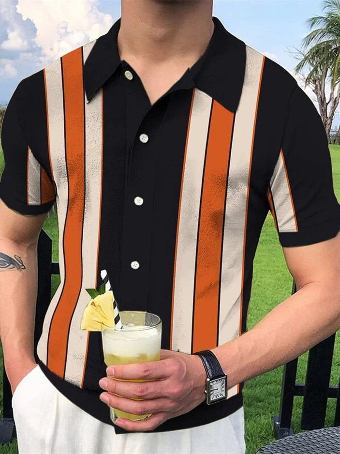 Black orange fashion casual stripe printed polo shirt