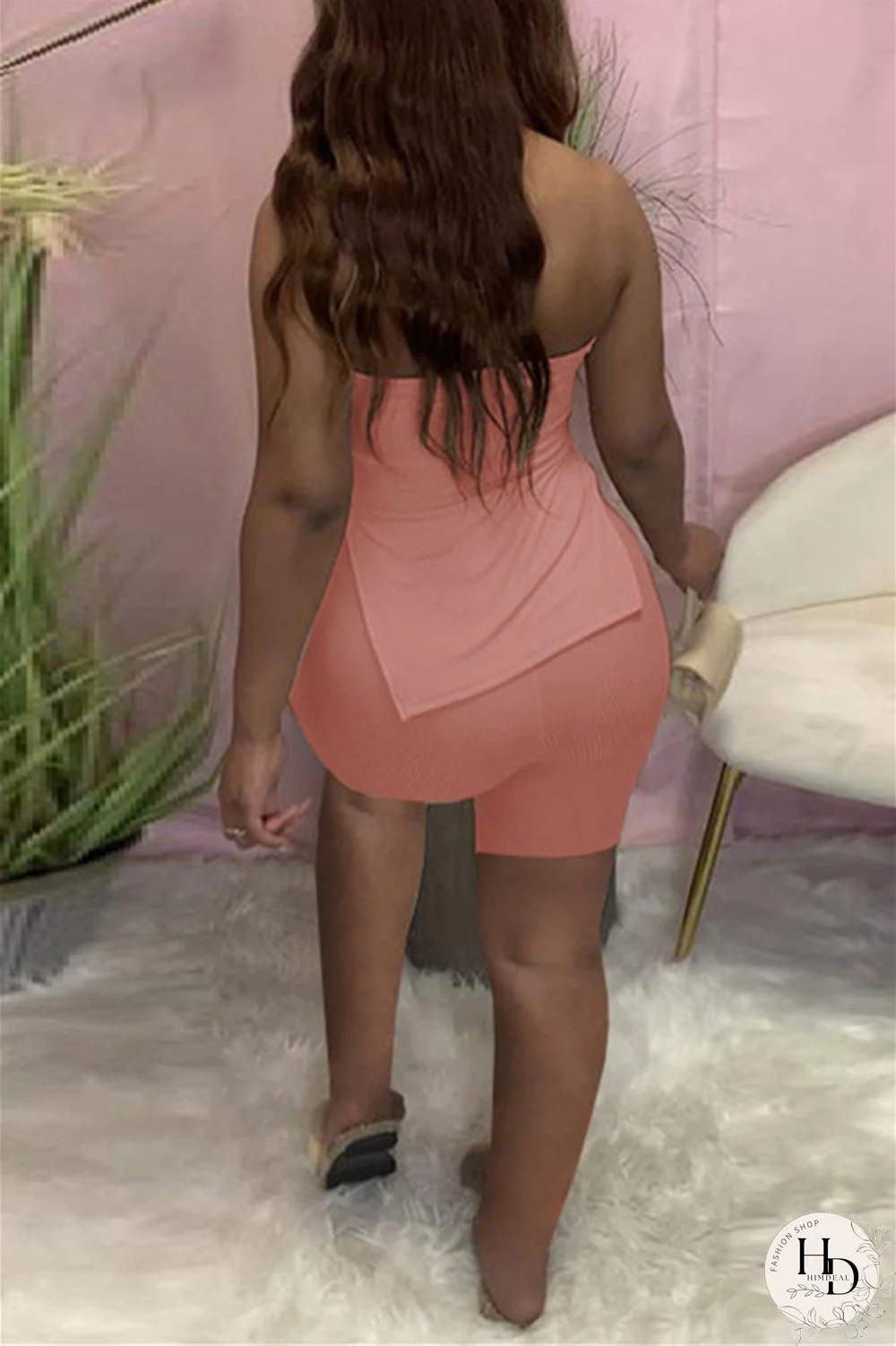 Coral Powder Sexy Casual Solid Backless Slit Strapless Sleeveless Two Pieces