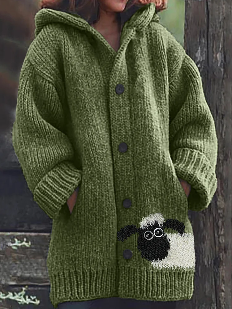 VChics Fuzzy Sheep Peeking Knit Cozy Hooded Cardigan