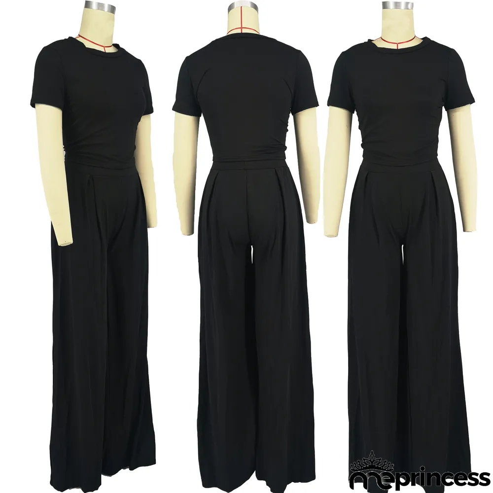 Casual Solid Short Sleeve Wide Leg Pant Two Piece Set