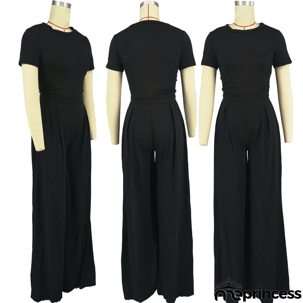 Casual Solid Short Sleeve Wide Leg Pant Two Piece Set