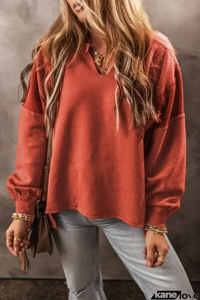 Notched Lantern Sleeve Dropped Shoulder Sweatshirt