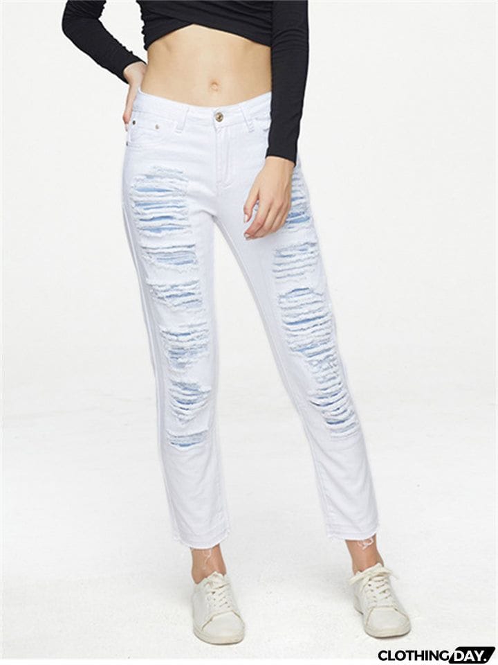 Punk Style Fashion Ripped Loose Women White Denim Jeans