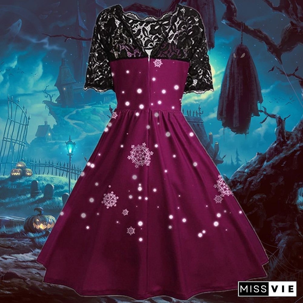 7 Colors Women Fashion Pumpkin Snowflake Print Dress Short Sleeve Lace Dress Christmas Halloween Costume Knee Length Party Dresses
