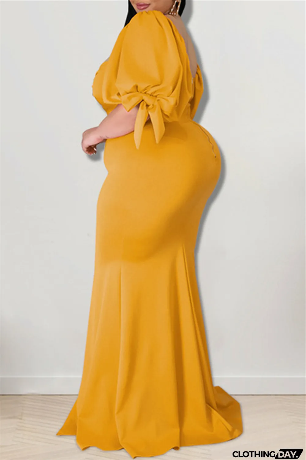 Yellow Fashion Sexy Plus Size Solid Backless Slit Square Collar Evening Dress