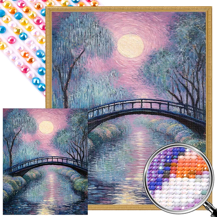 Small Bridge At Sunset And Flowing Water 40*50CM (Canvas) AB Round Drill Diamond Painting gbfke