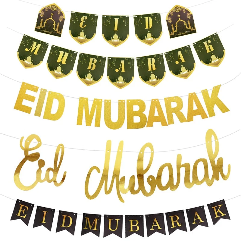 EID Mubarak Banner Glitter Star Moon Letter Paper Bunting Garland Islamic Muslim Party Ramadan Kareem Decorations for Home 2022