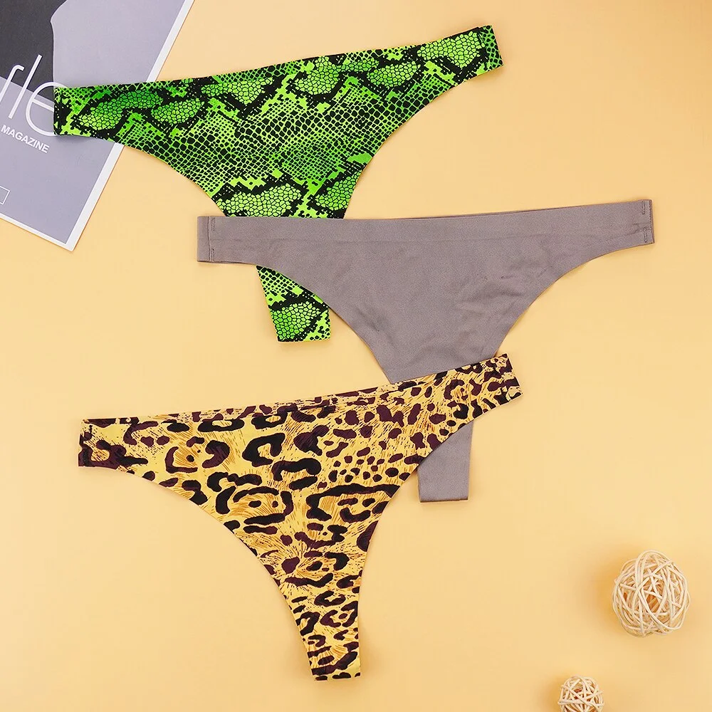Billionm Woman 3Pcs/lots Sexy G-String Silk Seamless Women's Panties Leopard Python Printed Low Cut Intimate Underpants S-XL