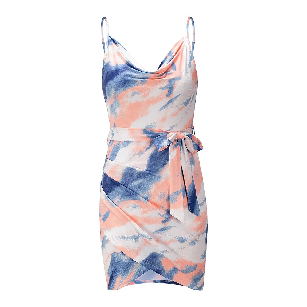 Women Bohemian Tie-dye Front Cross Sashes Mini Party Dress Spagetti Strap Sexy V neck Elegant Casual Dress 2022 Summer Fashion