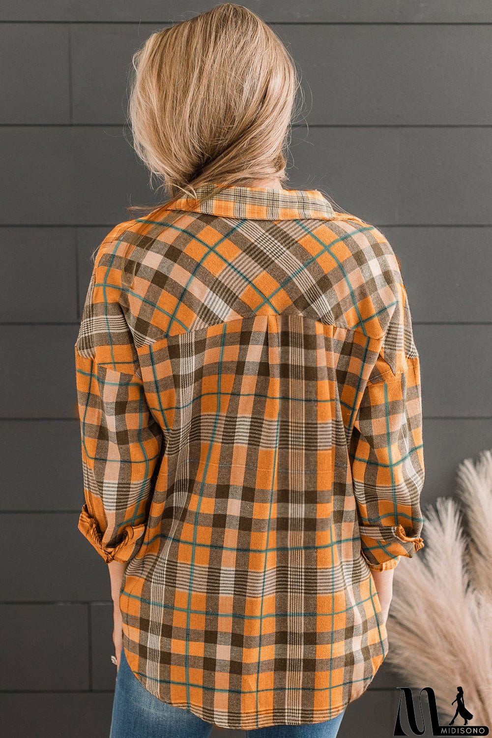 MidiSono - Plaid Collared Neck Long Sleeve Button-Up Shirt