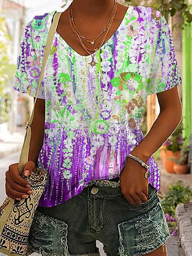 Red Blue Purple Flower Print Shirt For Women
