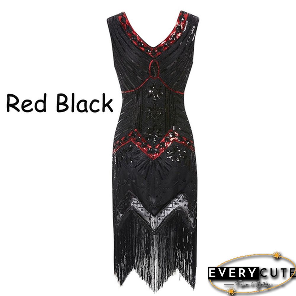Vintage Dress Great Gatsby Dress 1920S Sequin Flapper Evening Dress Prom Tassel Hem Dress