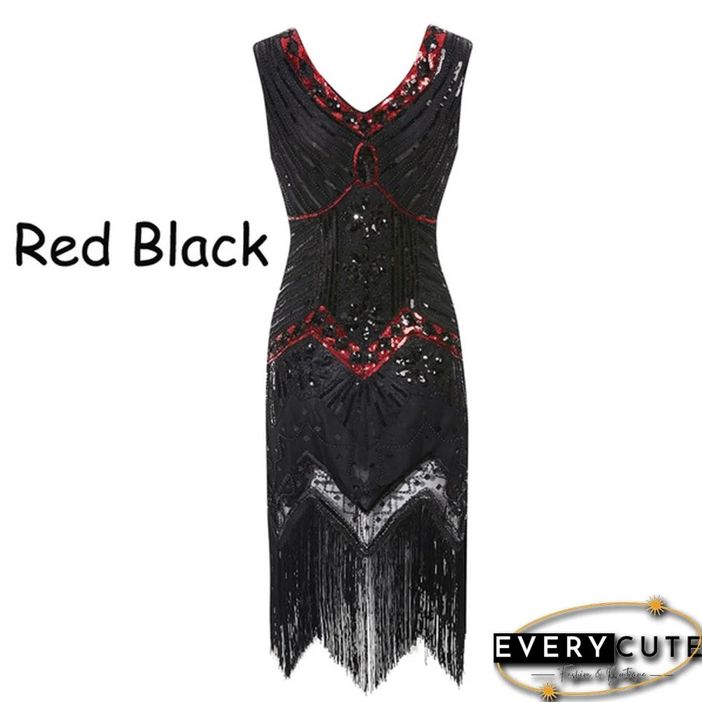 Vintage Dress Great Gatsby Dress 1920S Sequin Flapper Evening Dress Prom Tassel Hem Dress