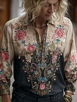 Bohemian Style Cool Summer Men's Flower Embroidery Vintage Long-sleeved Shirt