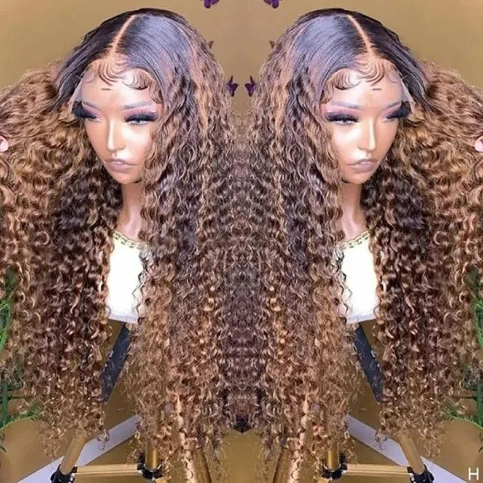 Brown Mixed Blonde Brazilian Water Wave Curly Wigs