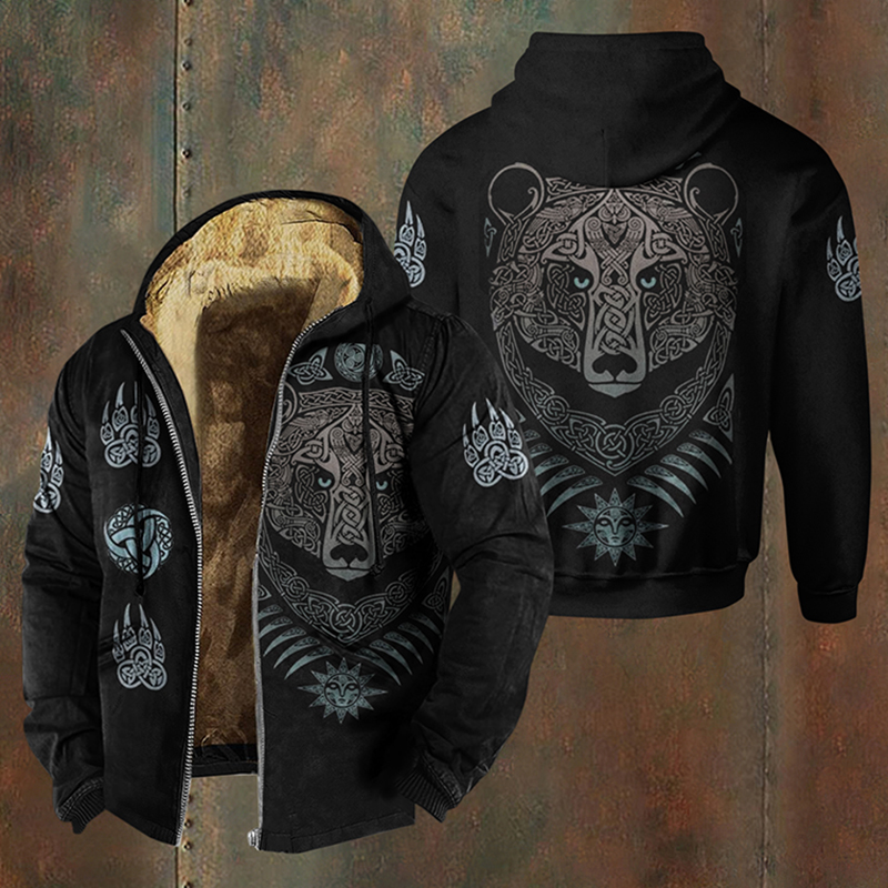 Men's Viking Bear Graphic Print Vintage Cropped Hooded Jacket