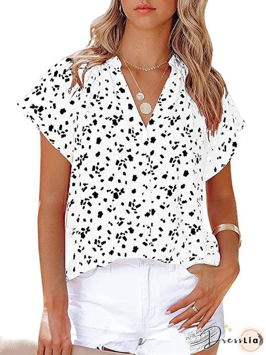 Chiffon Fashion Printed V-Neck Short Sleeve Blouse