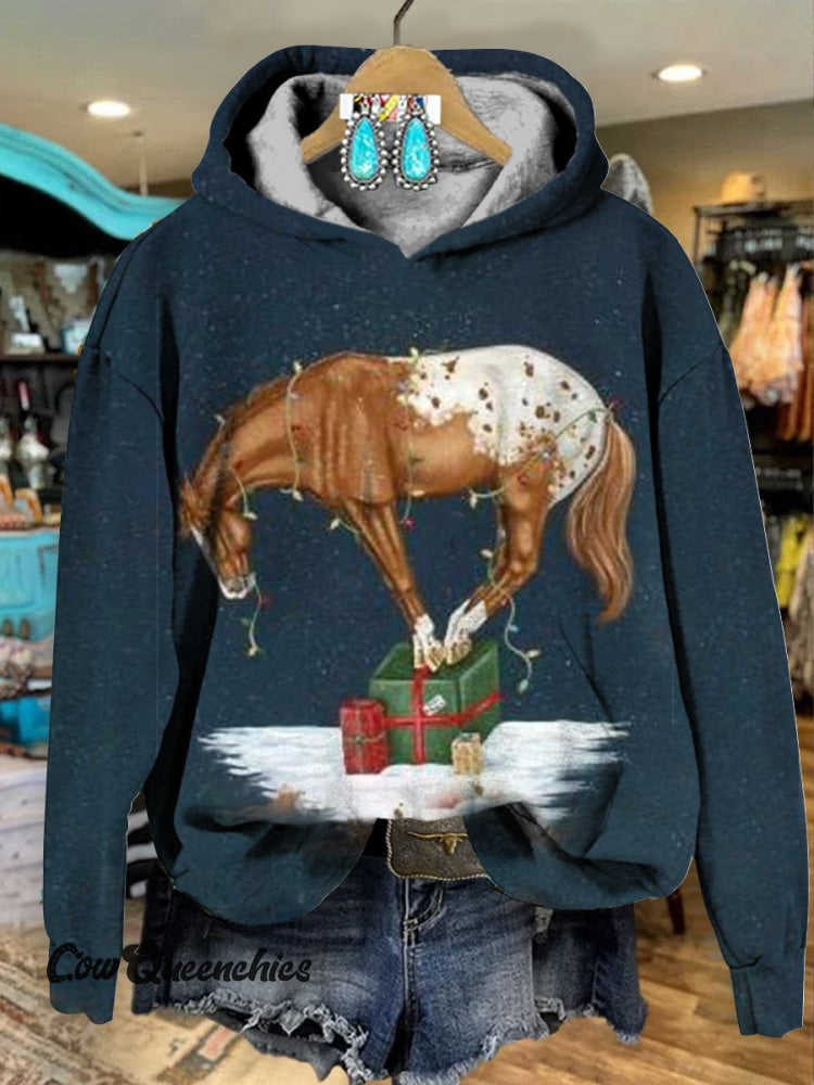 Vintage Merry Christmas Horse Print Casual Hoodie Sweatshirt Multicolor / S