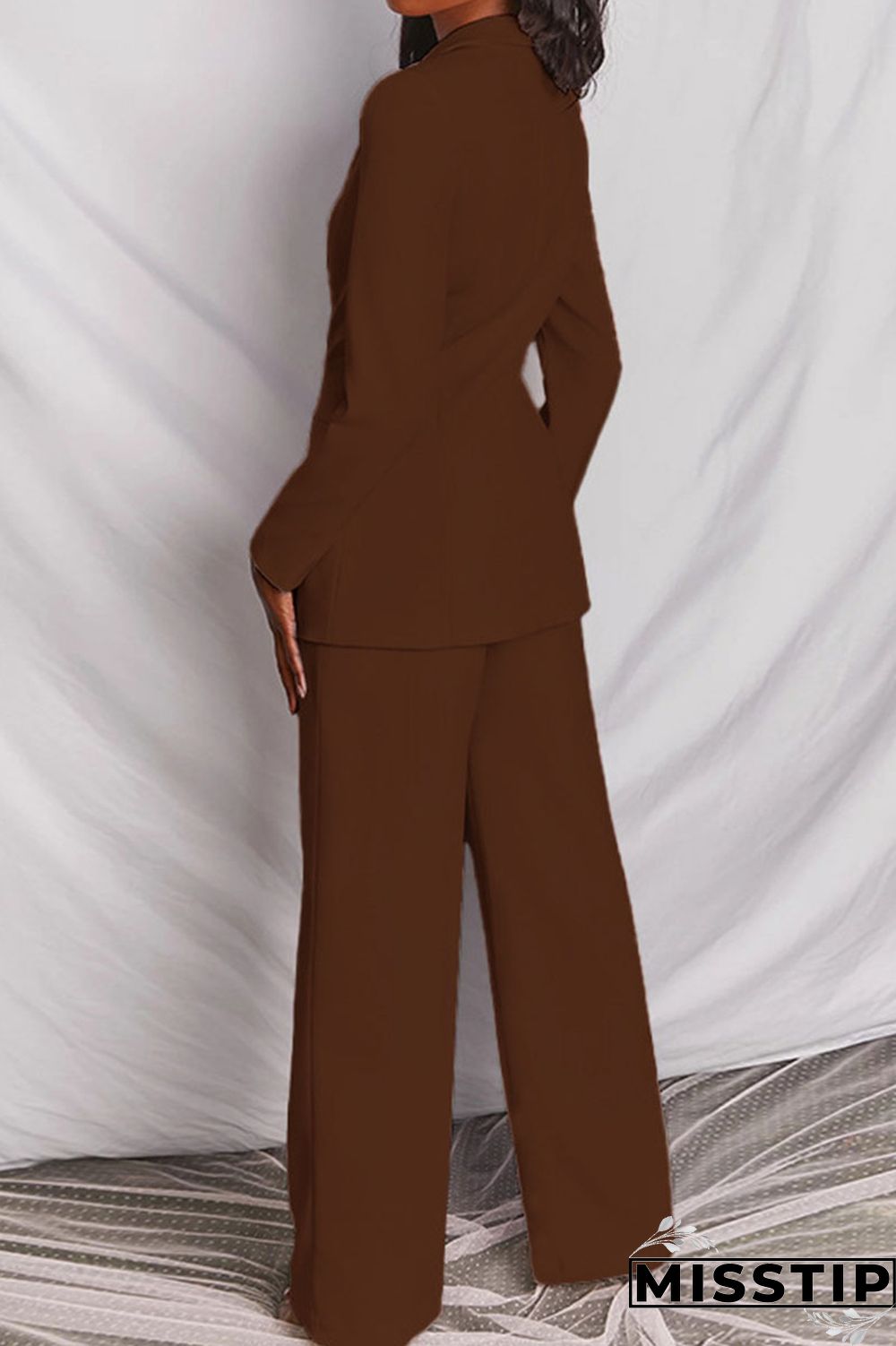 Coffee Casual Solid Buttons Turn-back Collar Long Sleeve Two Pieces