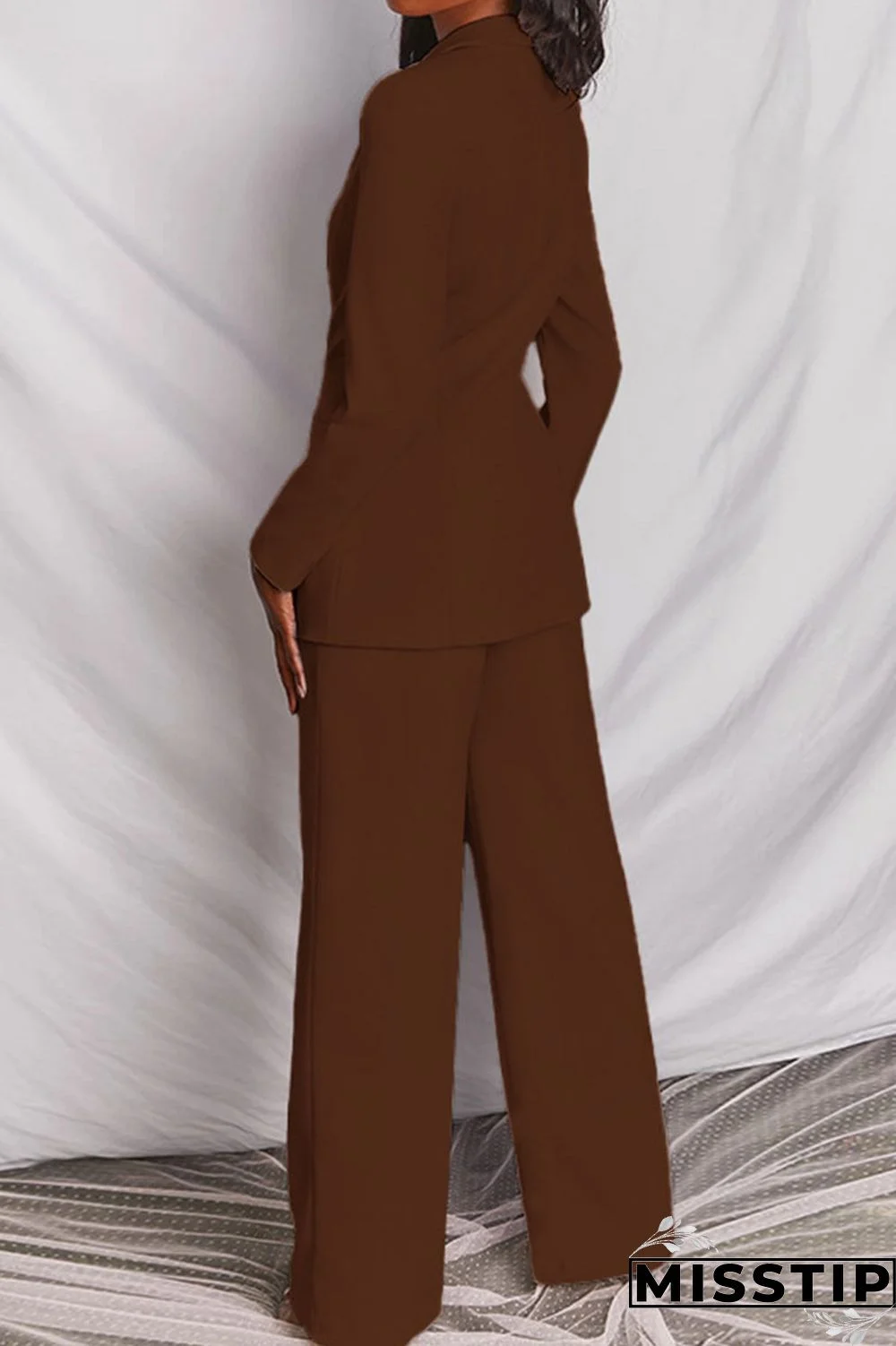 Coffee Casual Solid Buttons Turn-back Collar Long Sleeve Two Pieces