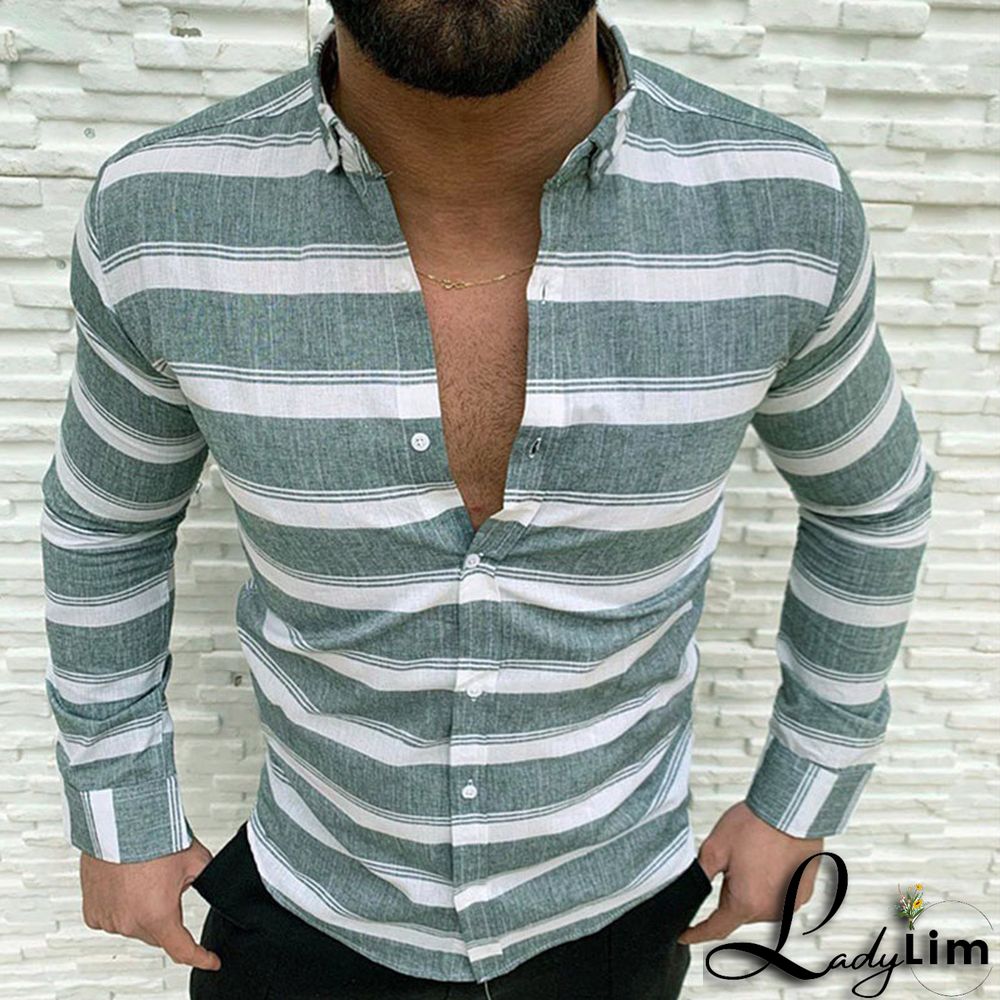 Blue Casual Striped Print Split Joint Buckle Turndown Collar Tops