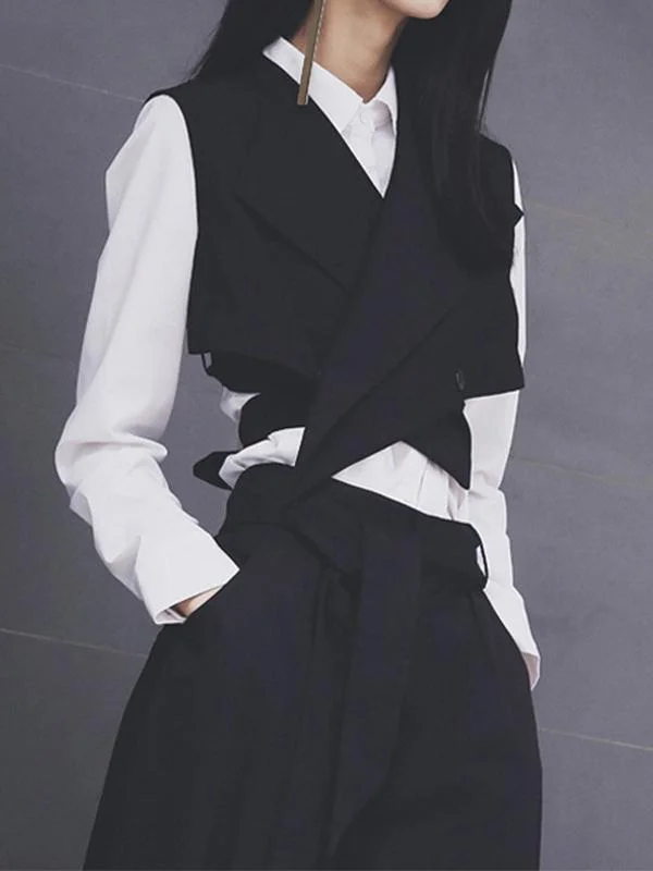 Black Sleeveless Suit Collar Vest And Shirt Set 