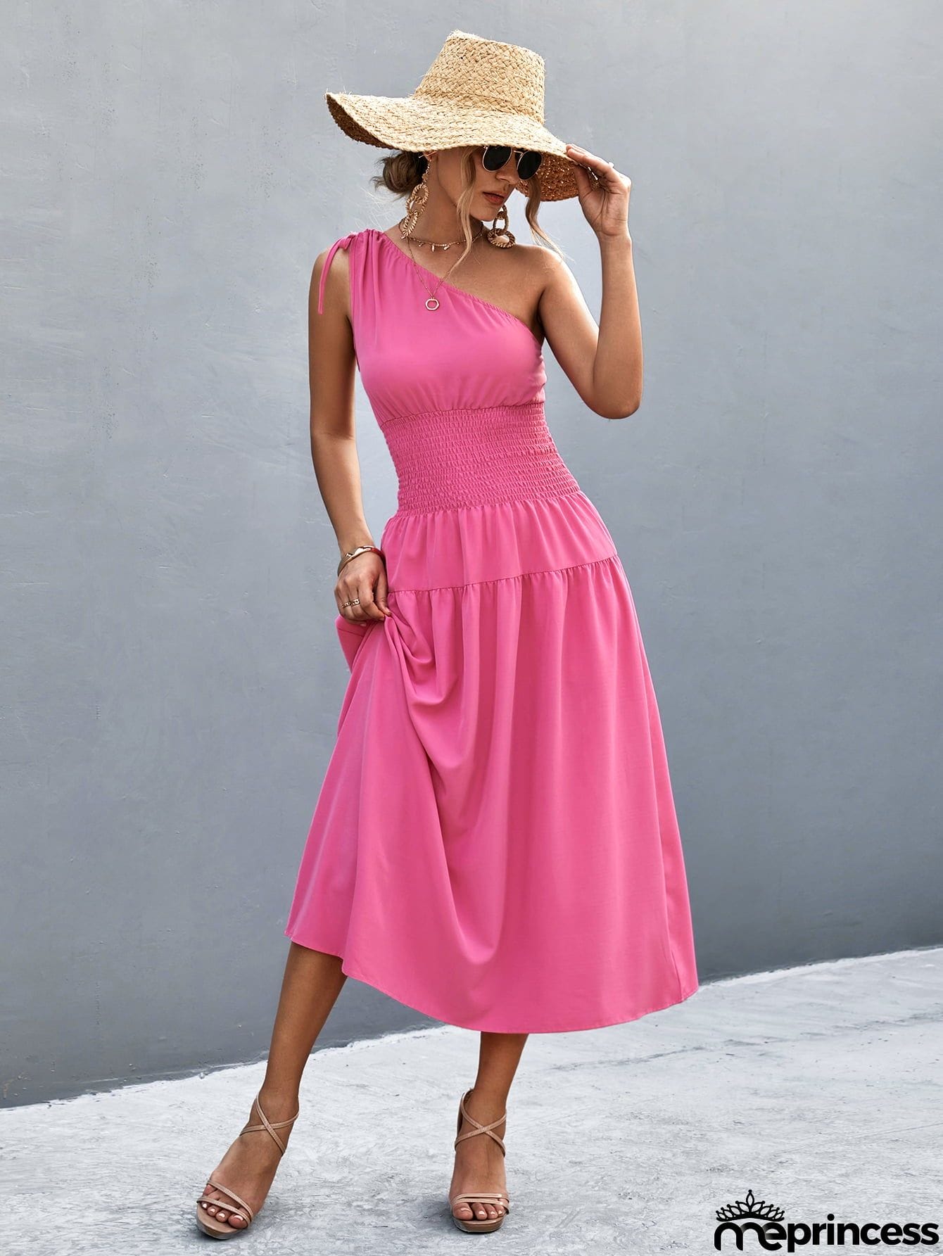 Asymmetrical One Shoulder Smocked Waist Midi Dress