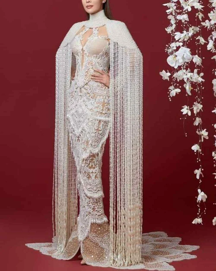 Luxe Beaded Tassel Lace Gown