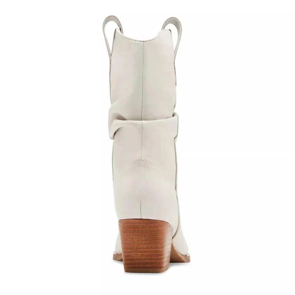Women's White Pull On Almond Toe Stacked Heel Western Slouch Boots