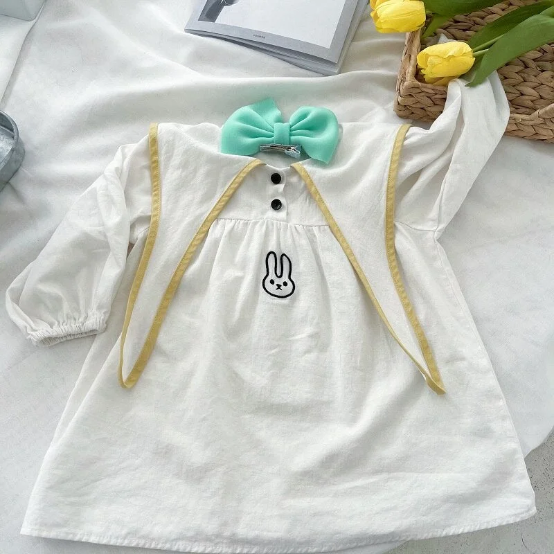 Girls Preppy Style Dress Spring Girl Embroidery Dresses for Kids Long Sleeve Children Princess Dress Rabbit Pattern Baby Clothes