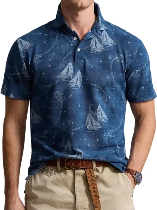 Men's Nautical Print Lapel Short Sleeve Polo Shirt