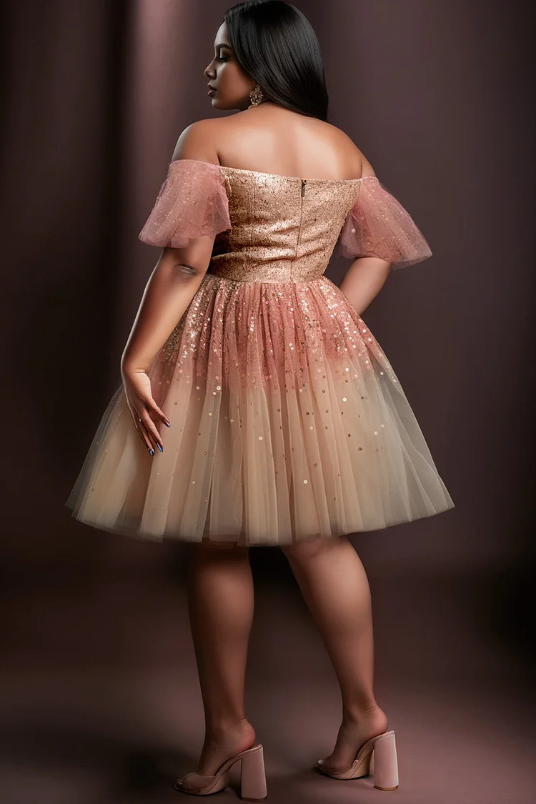 Xpluswear Design Plus Size Cocktail Party Pink Elegant Off The Shoulder Short Sleeve Tulle Mini Dresses [Pre-Order]