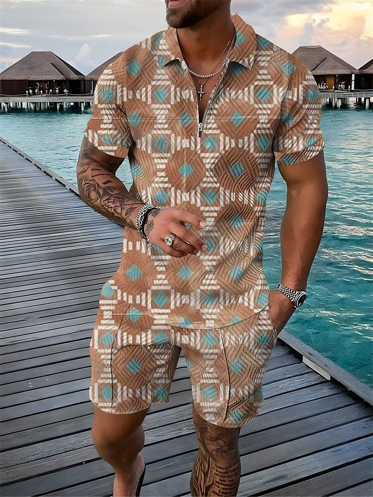 Men's Casual Polo Zipper Shorts Sleeve Suit