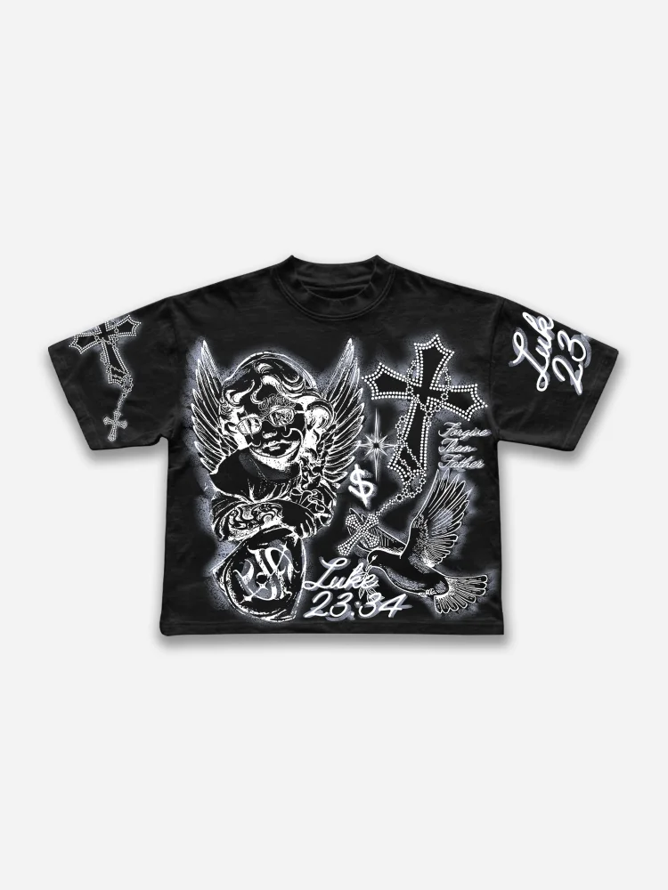 Angel Cross Graffiti Graphic Cropped T-shirt