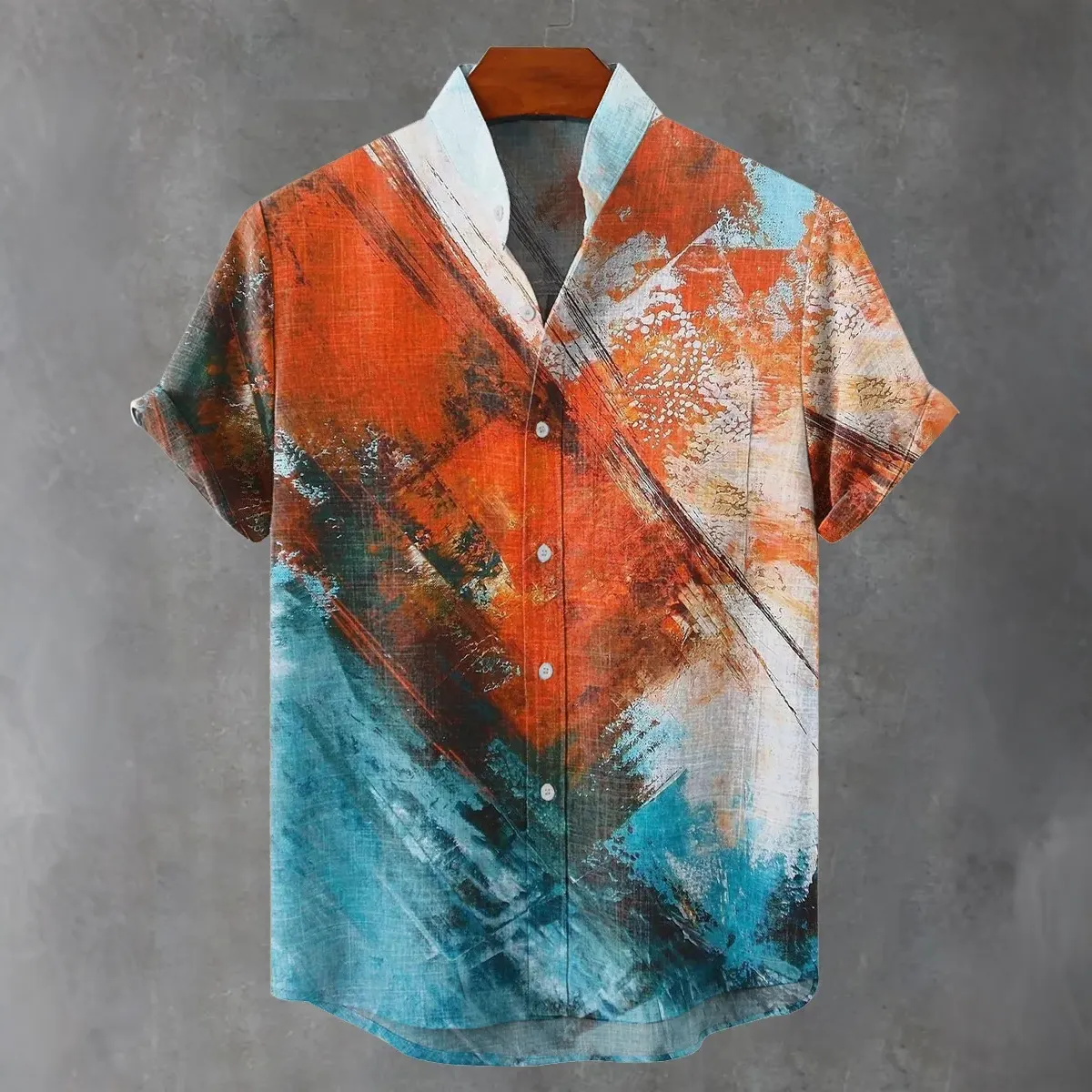 Men's Geometric Color Block Abstract Art Print Linen Blend Short-sleeve Shirt  artssus