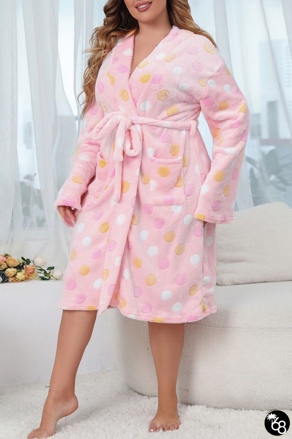 Pink Living Print Frenulum V Neck Plus Size Loungewear | 168DEAL