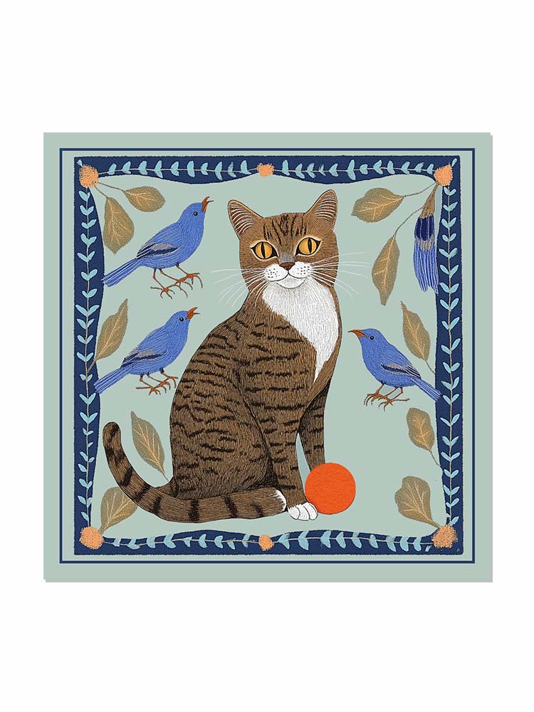 Brown Cat With Blue Birds - Cotton Bandana