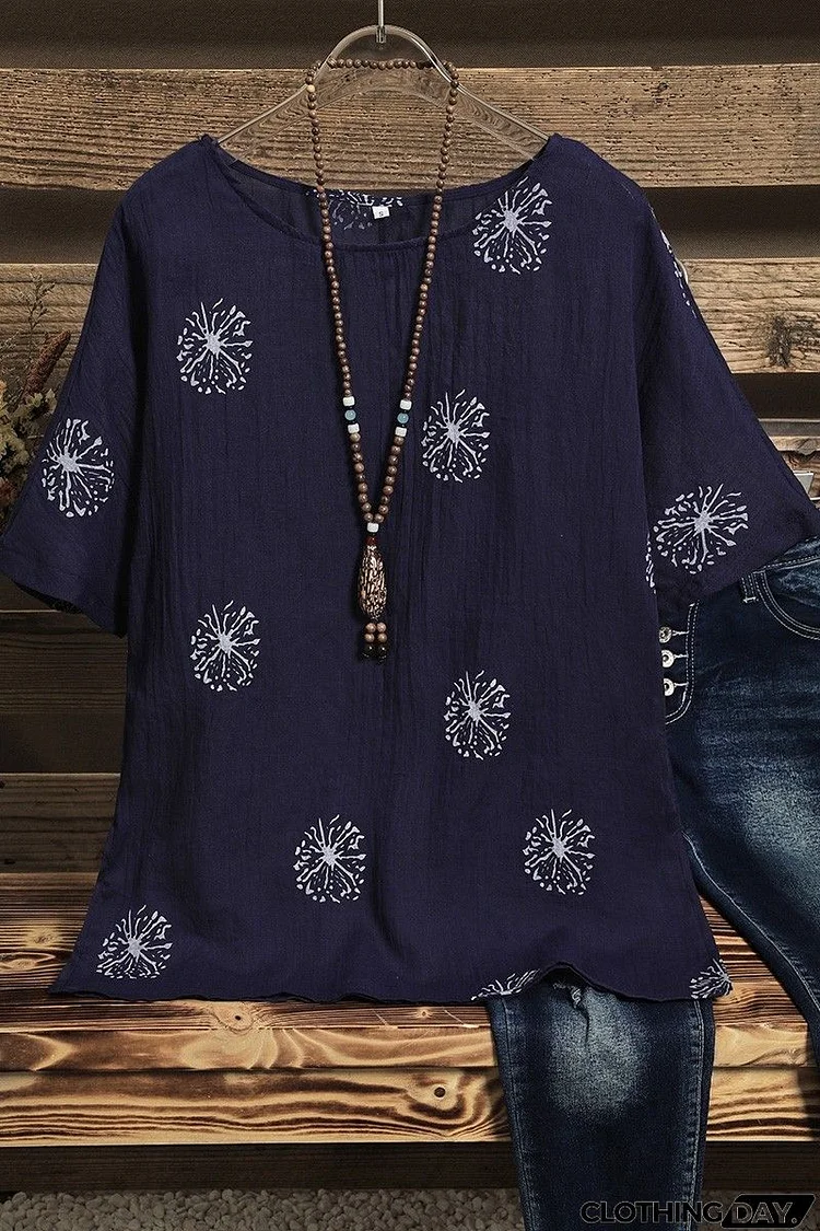 Casual Loose Round Neck Short Sleeves Printed Blouse