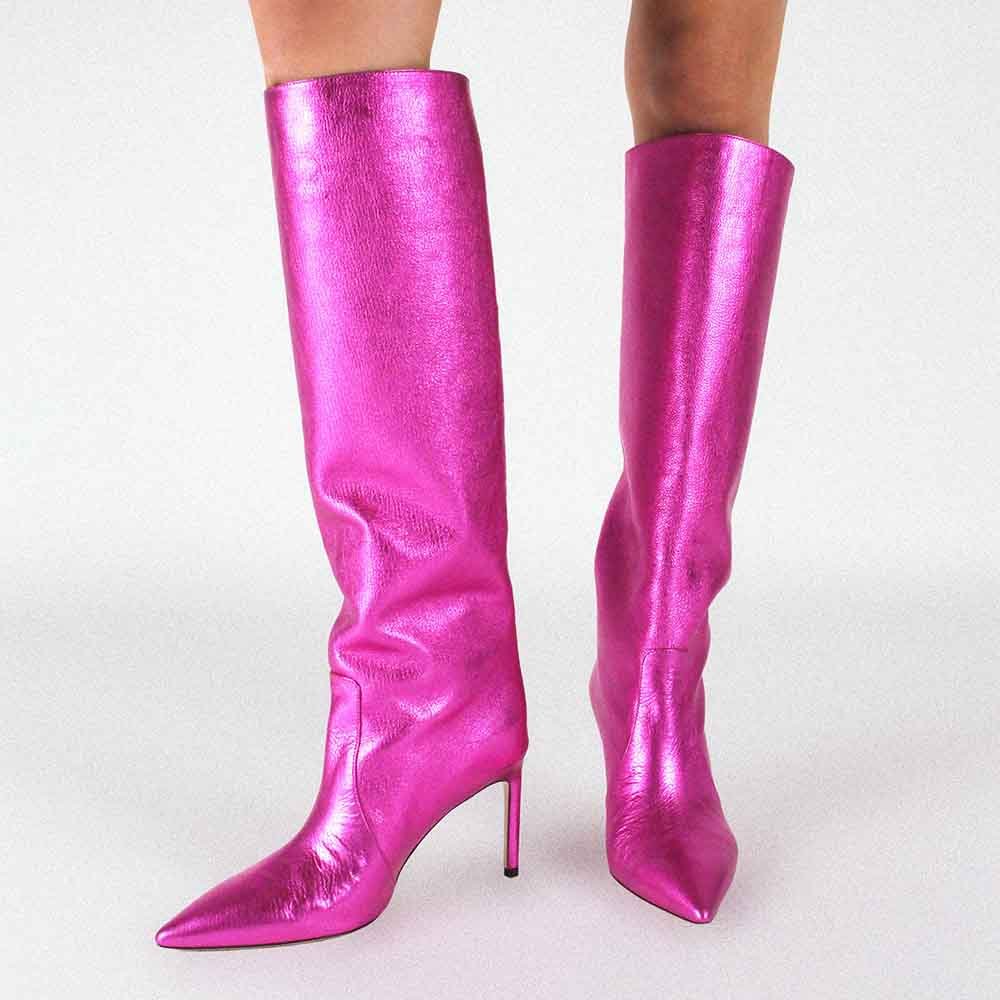Shiny Pink Vegan Leather  Pointed Toe Wide Calf Knee High Boots With Stiletto Heels Nicepairs